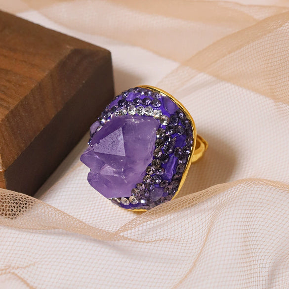 Wholesale Women's Geometric Artificial Crystal Amethyst Ring With Goldplated Electroplating