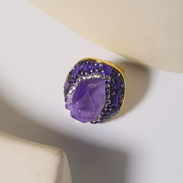 Wholesale Women's Geometric Artificial Crystal Amethyst Ring With Goldplated Electroplating