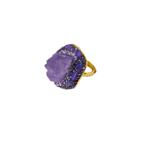 Wholesale Women's Geometric Artificial Crystal Amethyst Ring With Goldplated Electroplating