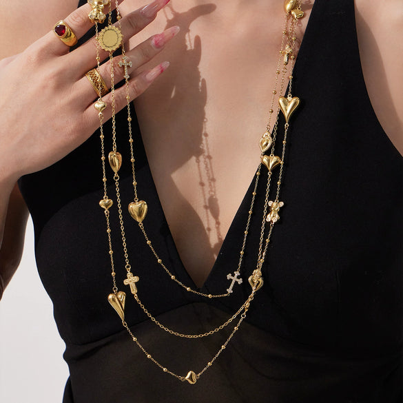 Wholesale Women's Geometric Bearshaped Heart Cross Stainless Steel And Titanium Steel Ball Chain Sweater Chain With Goldplated Inlaid Artificial Gemstones And Semiprecious Stones