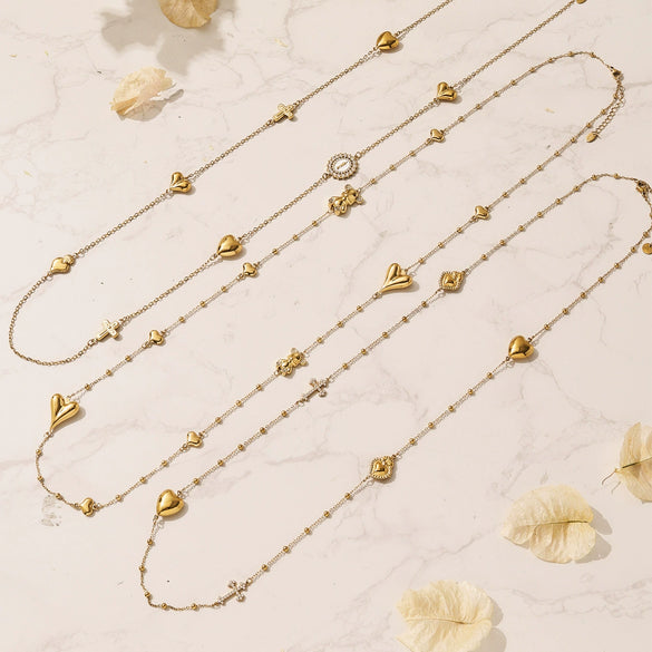Wholesale Women's Geometric Bearshaped Heart Cross Stainless Steel And Titanium Steel Ball Chain Sweater Chain With Goldplated Inlaid Artificial Gemstones And Semiprecious Stones
