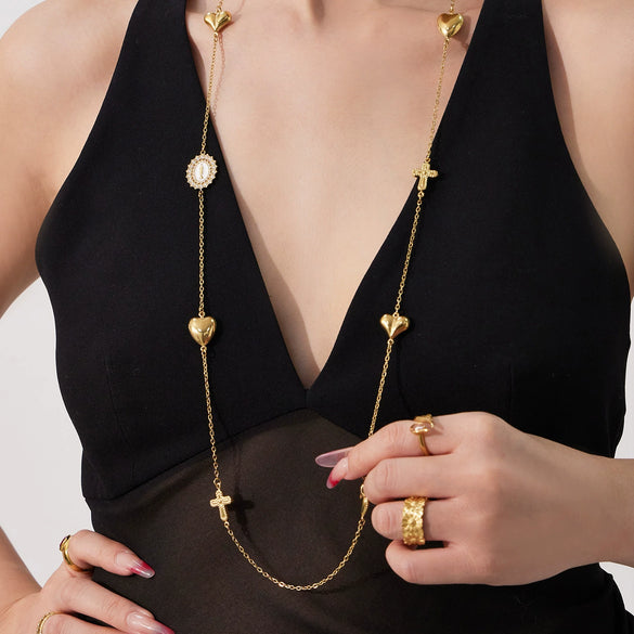 Wholesale Women's Geometric Bearshaped Heart Cross Stainless Steel And Titanium Steel Ball Chain Sweater Chain With Goldplated Inlaid Artificial Gemstones And Semiprecious Stones