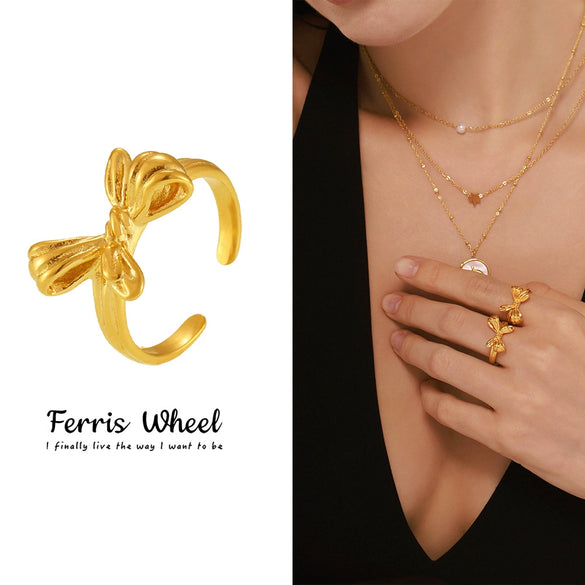 Wholesale Women's Geometric Bow Stainless Steel Electroplated Open Ring