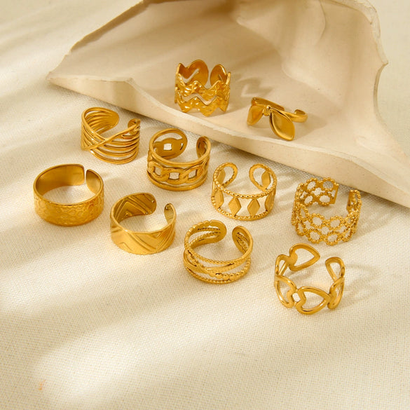 Wholesale Women's Geometric Bow Wave Doublelayer Open Ring 18K Gold Plated Stainless Steel