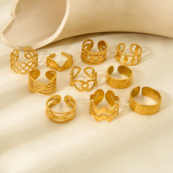 Wholesale Women's Geometric Bow Wave Doublelayer Open Ring 18K Gold Plated Stainless Steel