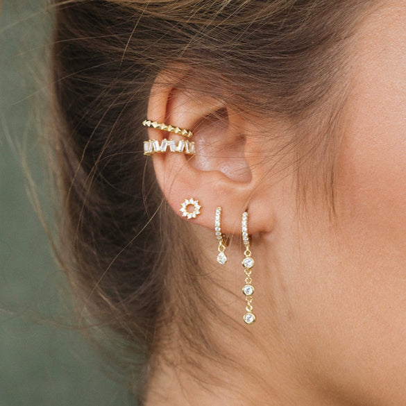 Wholesale Women's Geometric Brass Cut Out Ear Bone Clip Earrings Set With Zirconia Copper Plated Real Gold