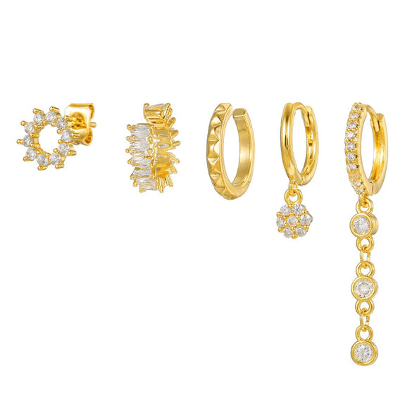 Wholesale Women's Geometric Brass Cut Out Ear Bone Clip Earrings Set With Zirconia Copper Plated Real Gold
