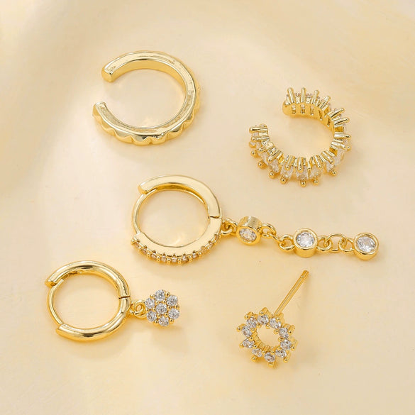 Wholesale Women's Geometric Brass Cut Out Ear Bone Clip Earrings Set With Zirconia Copper Plated Real Gold