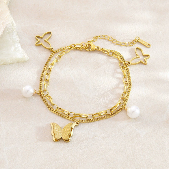 Wholesale Women's Geometric Butterfly Stainless Steel Pearl Doublelayer Electroplated Bracelet Jewelry