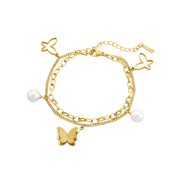 Wholesale Women's Geometric Butterfly Stainless Steel Pearl Doublelayer Electroplated Bracelet Jewelry