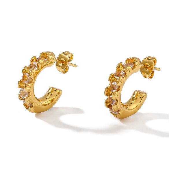 Wholesale Women's Geometric C Shaped Titanium Steel Earrings With 18K Gold Plated Stainless Steel And Inlaid Zircon 18K Vacuum Plated In Furnace