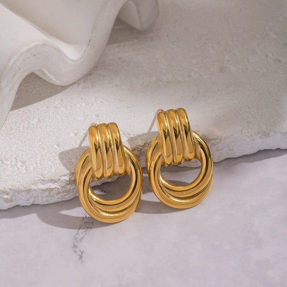Wholesale Women's Geometric Circular Colorblocked Stainless Steel Earrings With Vacuum Real Gold Plating In Pvd Furnace