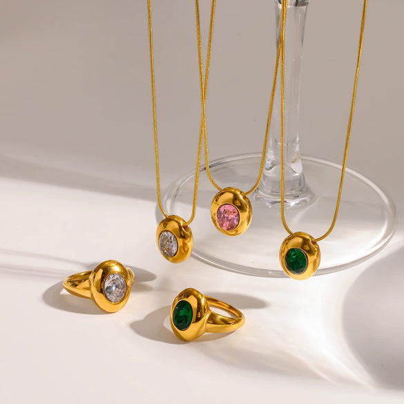 Wholesale Women's Geometric Colored Diamond Pendant Necklace Ring Jewelry Set In Titanium Steel With Pvd Furnace Vacuum Real Gold Plating