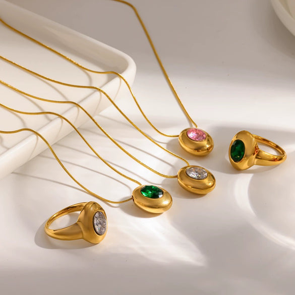 Wholesale Women's Geometric Colored Diamond Pendant Necklace Ring Jewelry Set In Titanium Steel With Pvd Furnace Vacuum Real Gold Plating