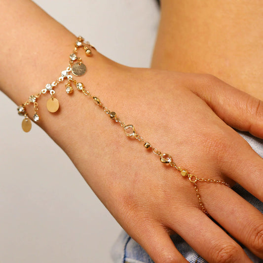 Wholesale Women's Geometric Copper Electroplated Imitation Zircon Sequin Tassel Finger Bracelet Jewelry