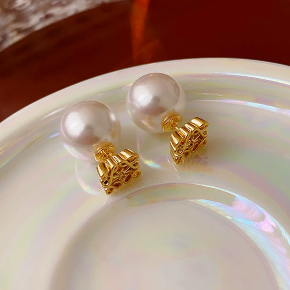 Wholesale Women's Geometric Copper Electroplated Square Hollow Pearl Earrings Light Luxury Style