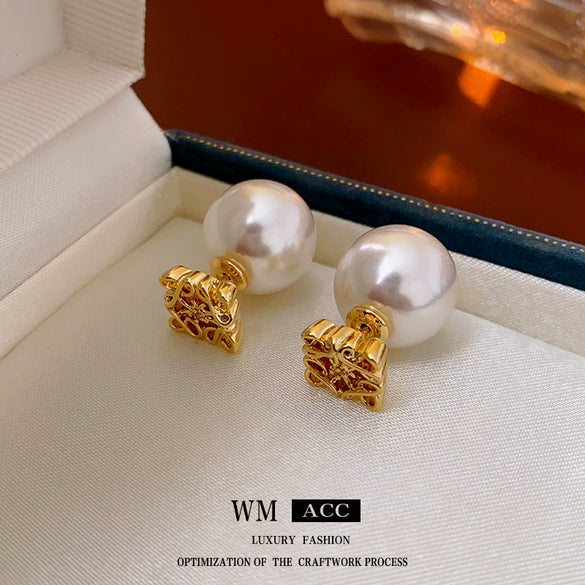 Wholesale Women's Geometric Copper Electroplated Square Hollow Pearl Earrings Light Luxury Style