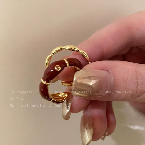 Wholesale Women's Geometric Copper Finger Ring With Red Drop Glaze And Electroplating