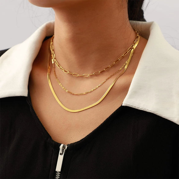 Wholesale Women's Geometric Copper Gold Plated Layered Snake Bone Chain Necklace