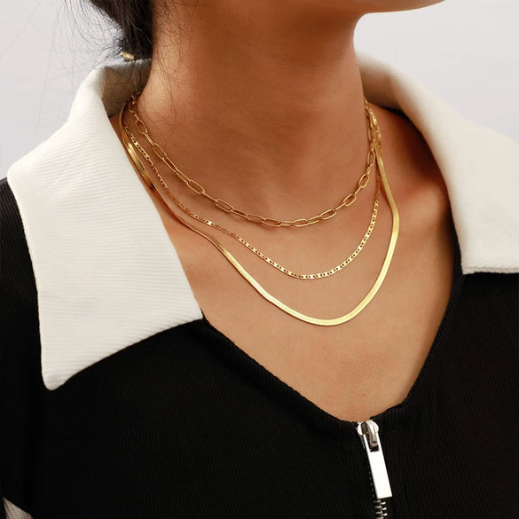 Wholesale Women's Geometric Copper Gold Plated Layered Snake Bone Chain Necklace