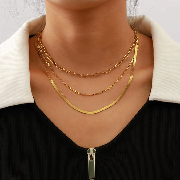 Wholesale Women's Geometric Copper Gold Plated Layered Snake Bone Chain Necklace