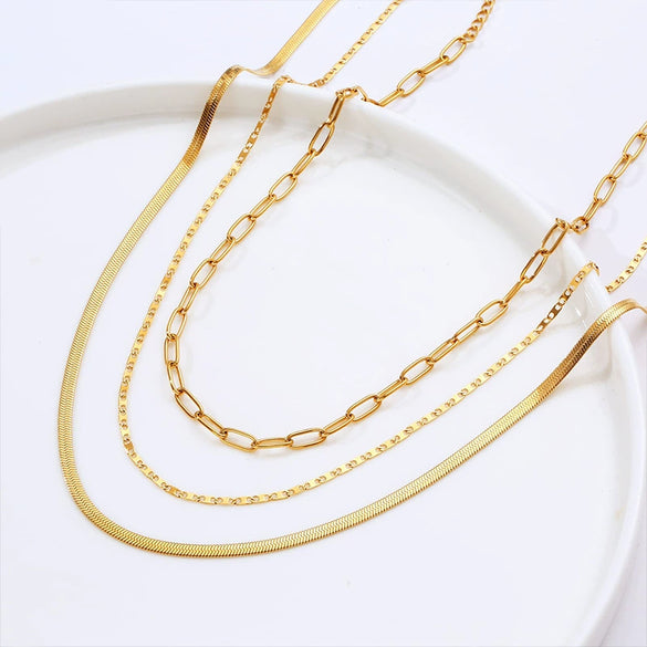 Wholesale Women's Geometric Copper Gold Plated Layered Snake Bone Chain Necklace
