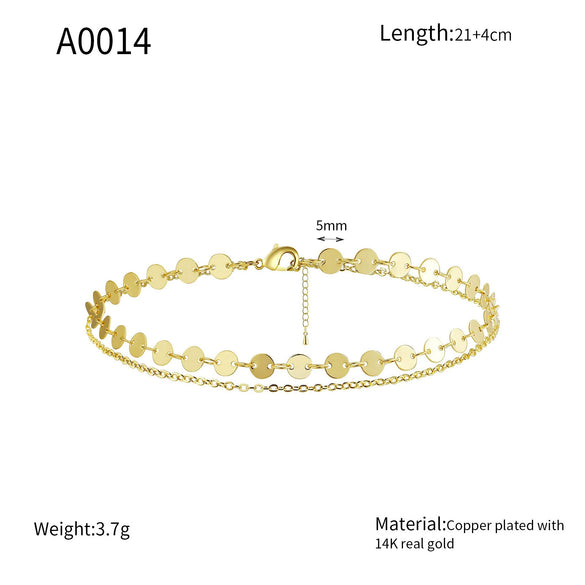 Wholesale Women's Geometric Copper 14K Gold Plated Disc Chain Anklet Jewelry