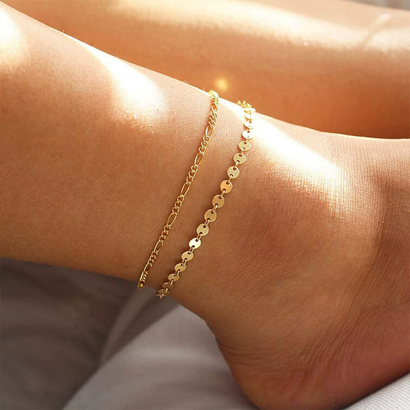 Wholesale Women's Geometric Copper 14K Gold Plated Disc Chain Anklet Jewelry