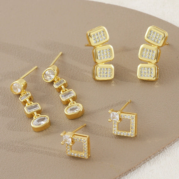 Wholesale Women's Geometric Copper Stud Earrings With Square Diamonds Ultrashiny Electroplated