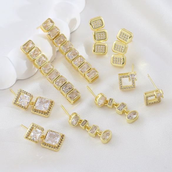 Wholesale Women's Geometric Copper Stud Earrings With Square Diamonds Ultrashiny Electroplated