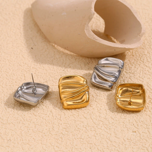 Wholesale Women's Geometric Creative Stainless Steel 18K Gold Plated Rectangular Irregular Pleated Earrings