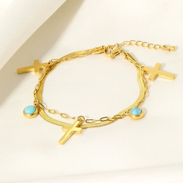 Wholesale Women's Geometric Cross Doublelayer Stainless Steel Goldplated Bracelet With Turquoise Pendant