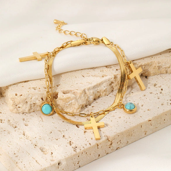 Wholesale Women's Geometric Cross Doublelayer Stainless Steel Goldplated Bracelet With Turquoise Pendant
