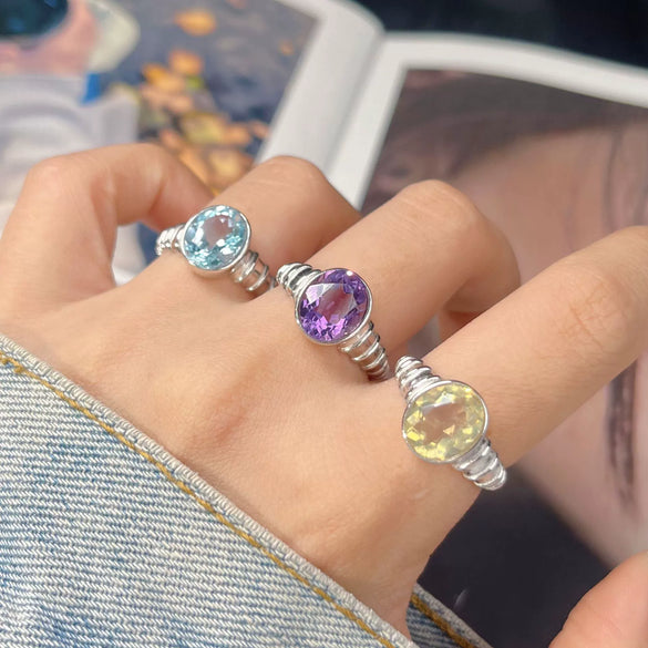 Wholesale Women's Geometric Crystal Ring Set With Gemstones S925 Sterling Silver Natural Color Topaz Amethyst
