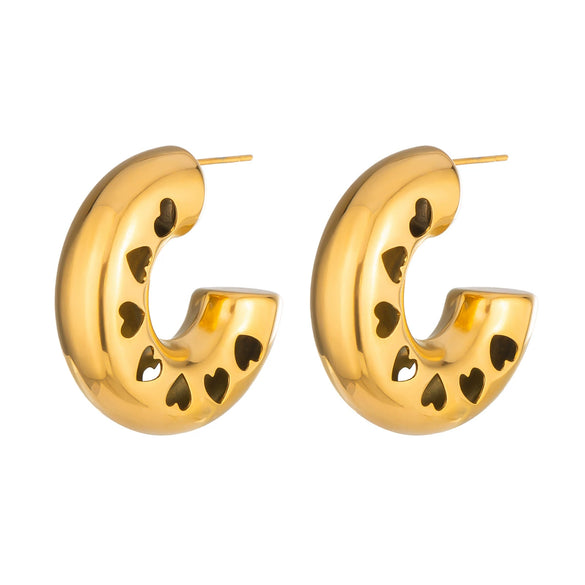 Wholesale Women's Geometric Cshaped Hollow Love Heart Stainless Steel Earrings With Vacuum Real Gold Plating