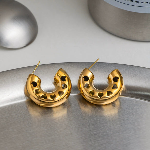 Wholesale Women's Geometric Cshaped Hollow Love Heart Stainless Steel Earrings With Vacuum Real Gold Plating