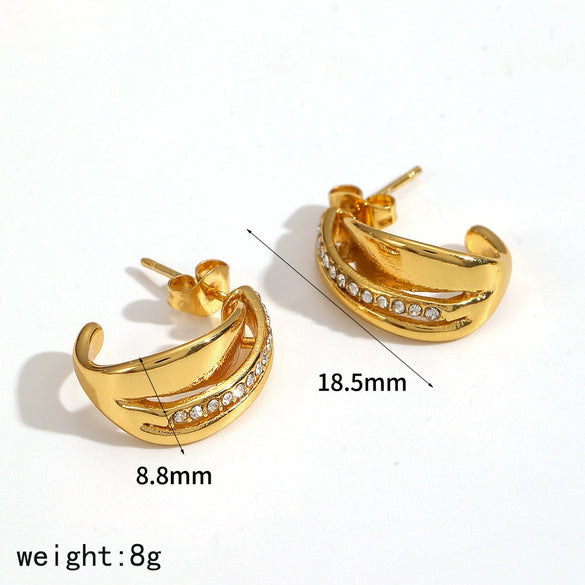 Wholesale Women's Geometric Cshaped Stainless Steel Diamondencrusted Earrings With Pvd Furnace Vacuum Real Gold Plating Light Luxury Style