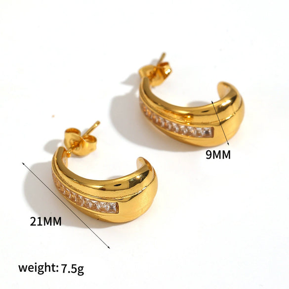Wholesale Women's Geometric Cshaped Stainless Steel Diamondencrusted Earrings With Pvd Furnace Vacuum Real Gold Plating Light Luxury Style