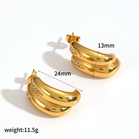 Wholesale Women's Geometric Cshaped Stainless Steel Diamondencrusted Earrings With Pvd Furnace Vacuum Real Gold Plating Light Luxury Style