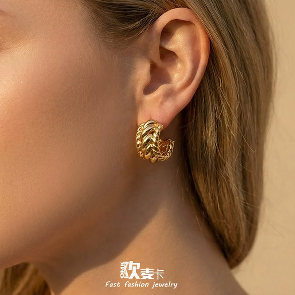 Wholesale Women's Geometric Cshaped Stainless Steel 18K Gold Plated Niche Design Earrings