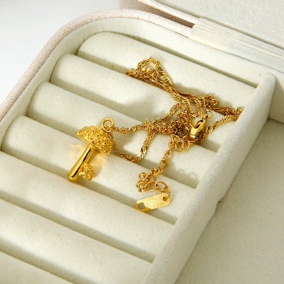 Wholesale Women's Geometric 3D Mushroom Pendant Titanium Steel Water Wave Chain Necklace 18K Gold Plated