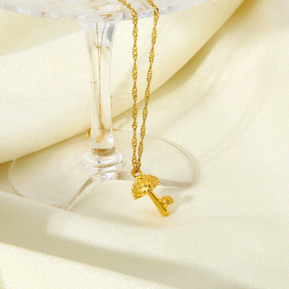 Wholesale Women's Geometric 3D Mushroom Pendant Titanium Steel Water Wave Chain Necklace 18K Gold Plated