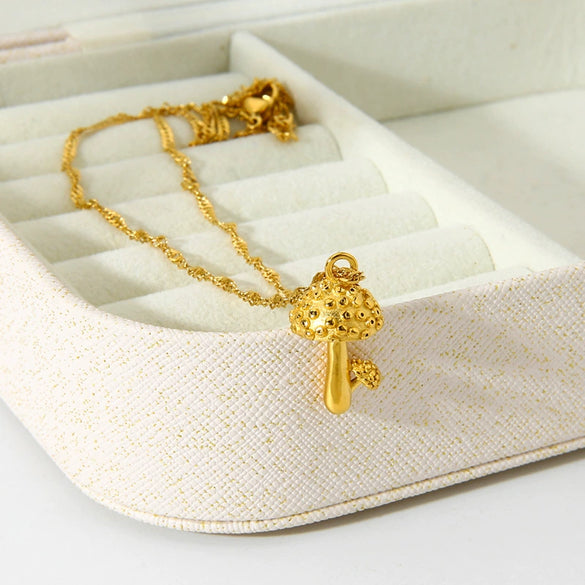Wholesale Women's Geometric 3D Mushroom Pendant Titanium Steel Water Wave Chain Necklace 18K Gold Plated