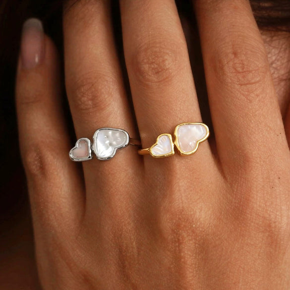 Wholesale Women's Geometric Double Heart Open Ring Natural Motherofpearl Stainless Steel 18K Gold Plated Light Luxury Style Jewelry Accessories