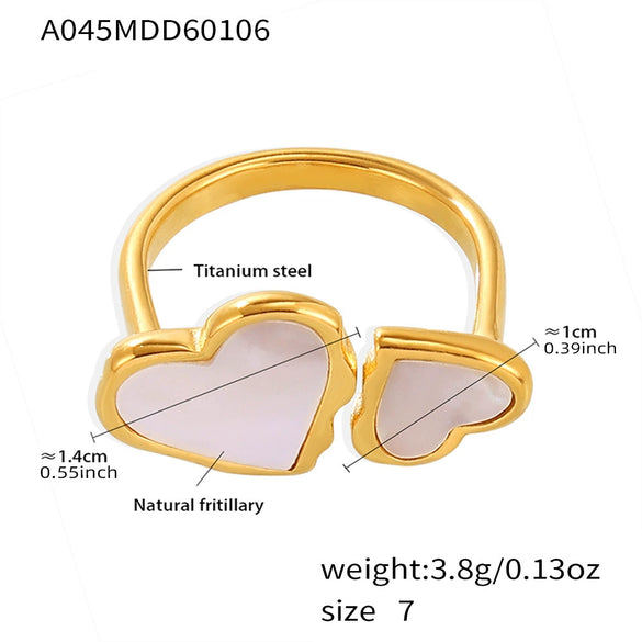 Wholesale Women's Geometric Double Heart Open Ring Natural Motherofpearl Stainless Steel 18K Gold Plated Light Luxury Style Jewelry Accessories