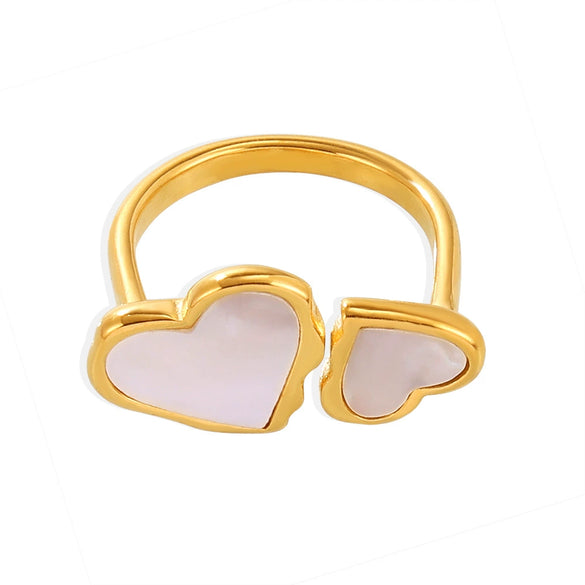 Wholesale Women's Geometric Double Heart Open Ring Natural Motherofpearl Stainless Steel 18K Gold Plated Light Luxury Style Jewelry Accessories