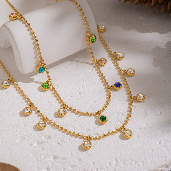Wholesale Women's Geometric Doublelayer Necklace With Zircon Inlay Stainless Steel 18K Real Gold Plated Jewelry