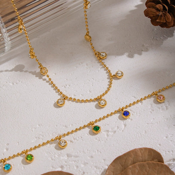Wholesale Women's Geometric Doublelayer Necklace With Zircon Inlay Stainless Steel 18K Real Gold Plated Jewelry