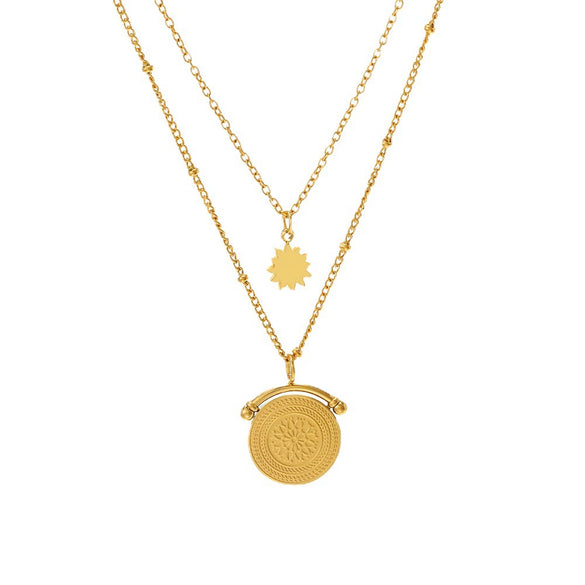 Wholesale Women's Geometric Doublelayer Round Pendant Necklace With Cross Chain In Stainless Steel And Titanium Steel Electroplated