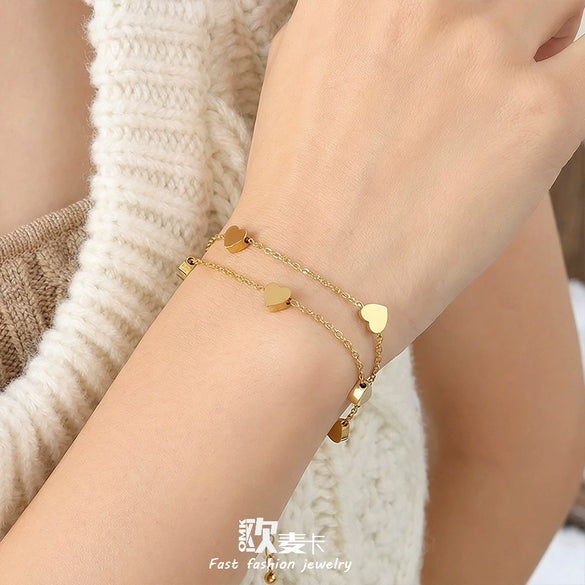 Wholesale Women's Geometric Doublelayered Heart Stainless Steel 18K Gold Plated Bracelet